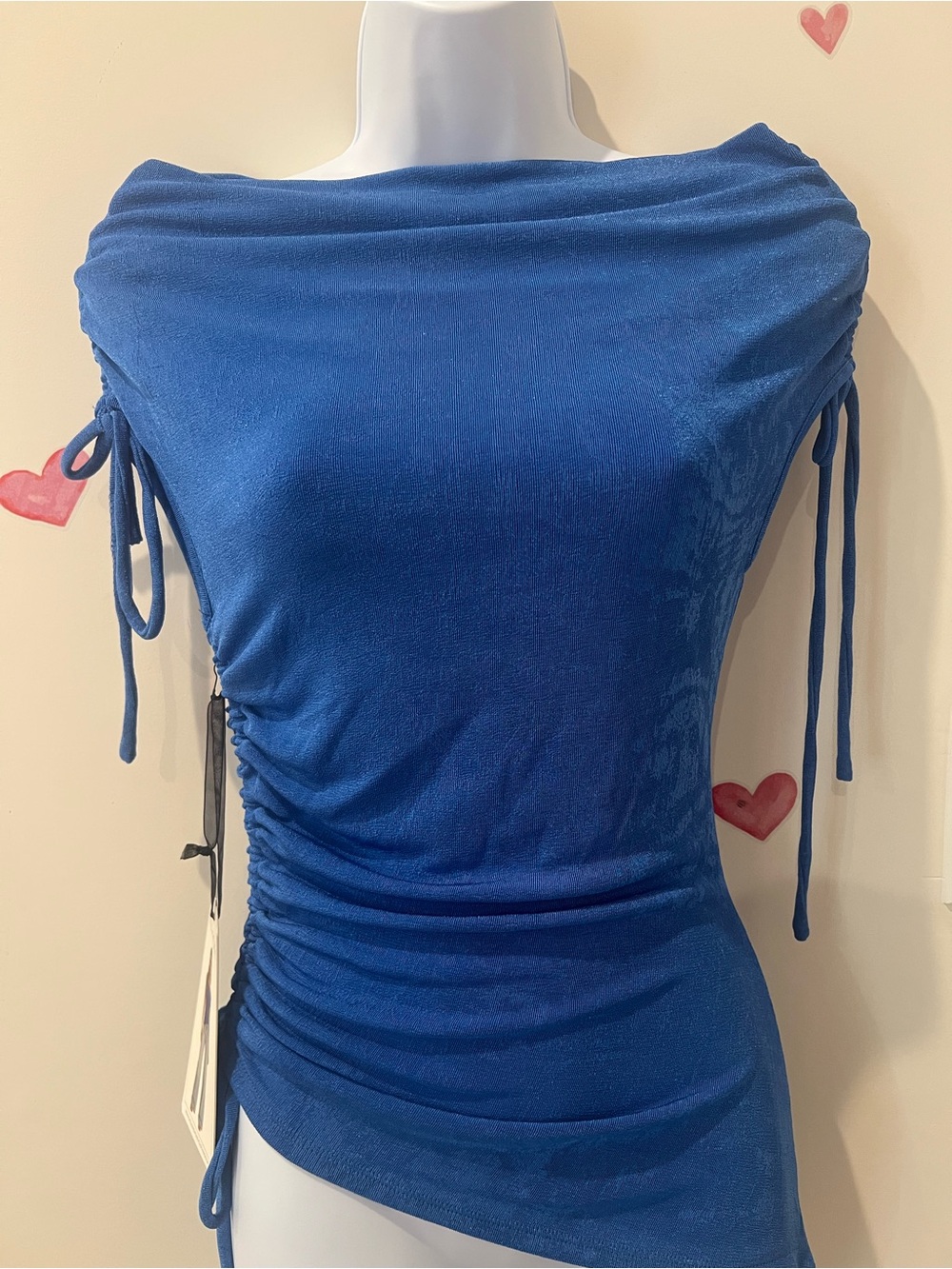 Blue Ruched Off-Shoulder Blouse